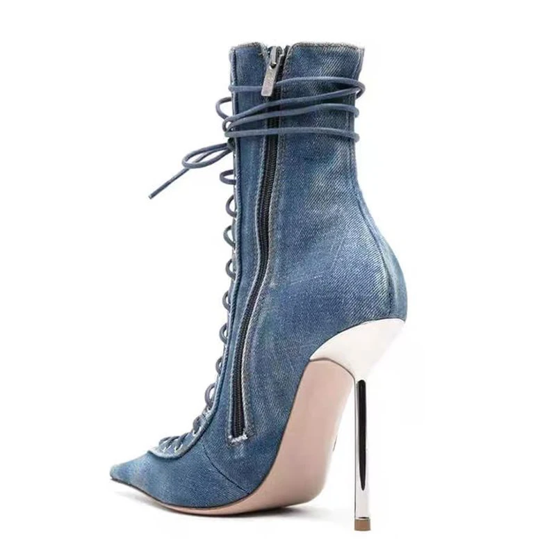 Summer Lace Up Dress Stiletto High Top Ankle Boots Sexy Women\'s Cut Out Short Boots Slim Heels Booty Big Size 44