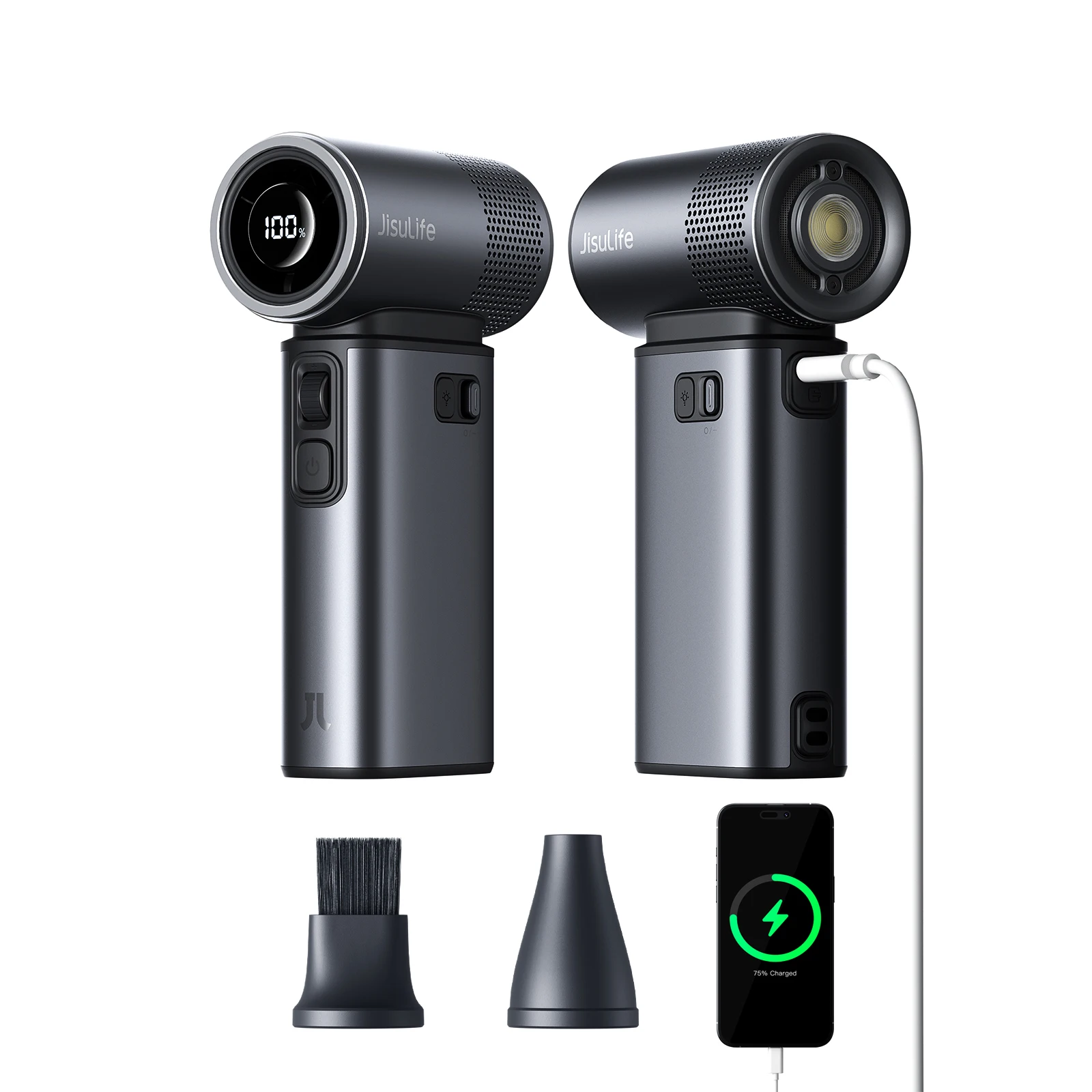 Image of JISULIFE 5-in-1 Handventilator, 100 Geschwindigkeitsstufen, 9000mAh, max. 25 Stunden Laufzeit, Mini-Akku-Ventilator mit 18W Powerbank und Taschenlampe, Ultra-Motor, Metallgehäuse, Geschenke, Schwarz
