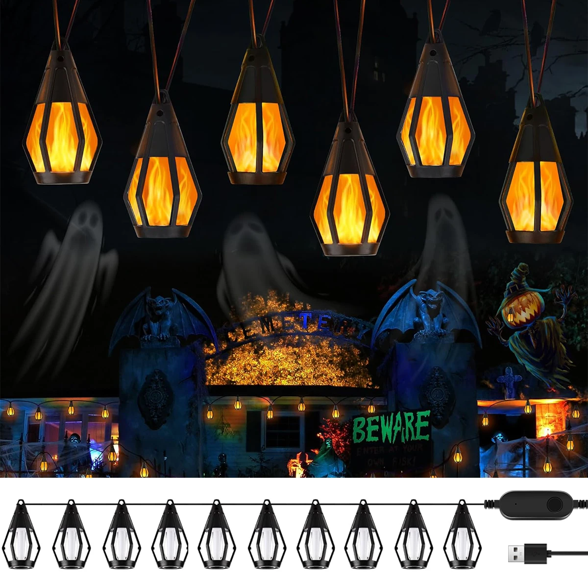 Outdoor String Lights with 10 Flickering Flame Bulb Solar Halloween Lights LED Flame Lights for Halloween Decorations Yard Patio