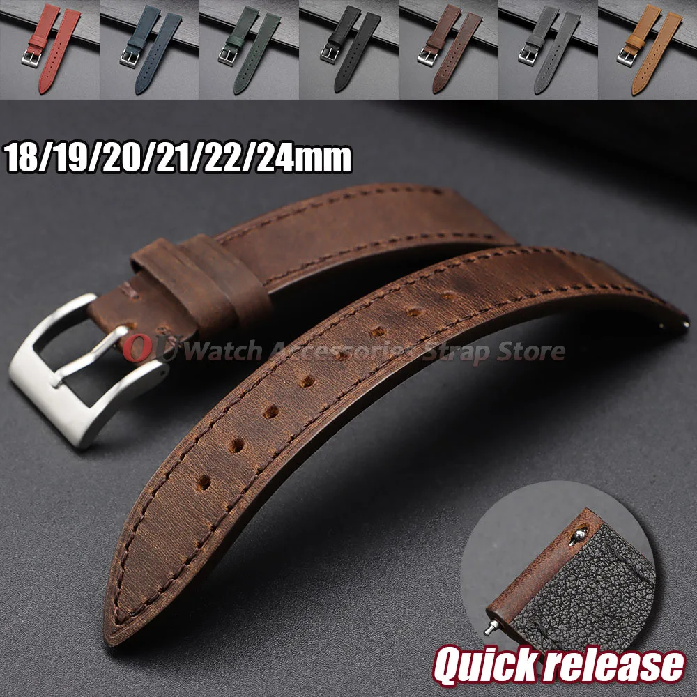 Bracelet de montre vintage en cuir de vachette Crazy Horse souple à dégagement rapide 18mm 19mm 20mm 21mm 22mm 24mm pour hommes et femmes