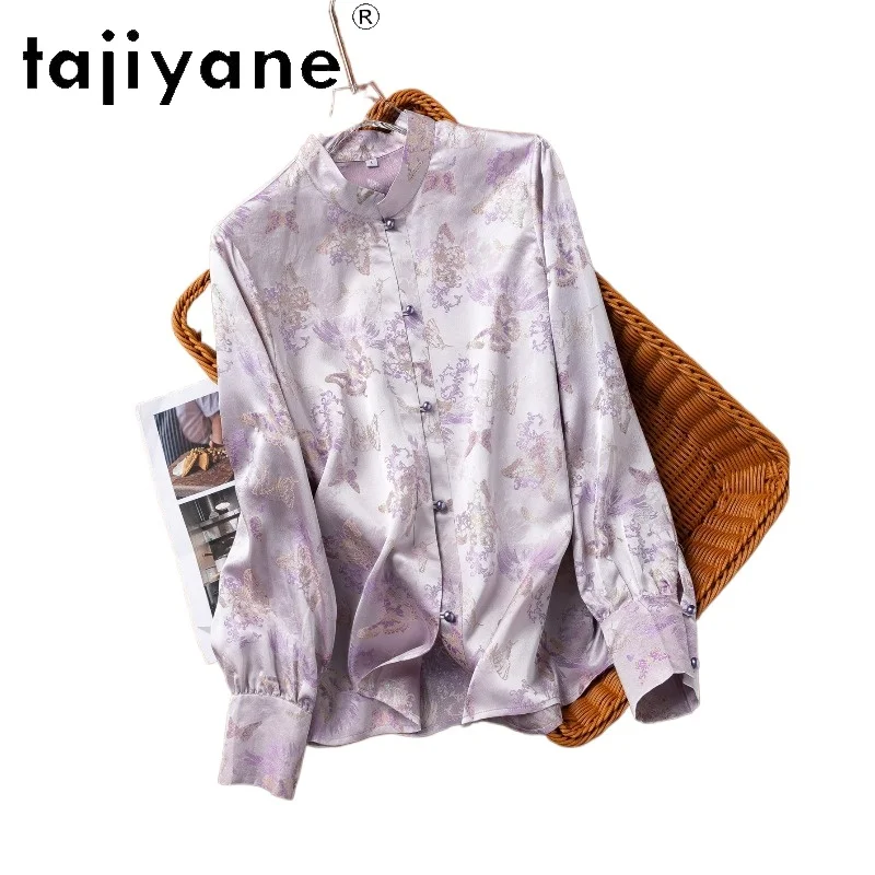 

TAJIYANE 100% Real Mulberry Silk Blouse Woman Purple Butterfly Jacquard Shirts Chinese Style Spring Tops 2026 Women Clothes トップス