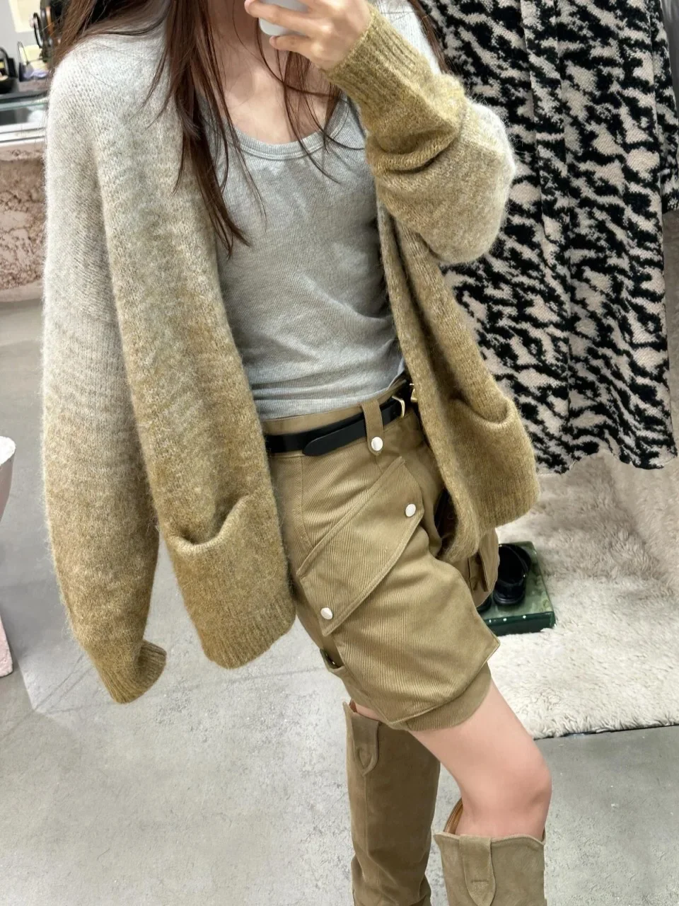 Women's Gradient Knit Cardigan Alpaca Blends Loose Casual Long Sleeve Pockets Female Sweater Coat Autumn Winter 2024