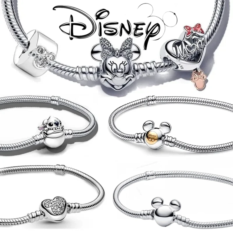 New Disney Bracelet Moments Sparkling Mickey Mouse Heart Clasp Snake Chain Bracelet For Women DIY Charms Beads