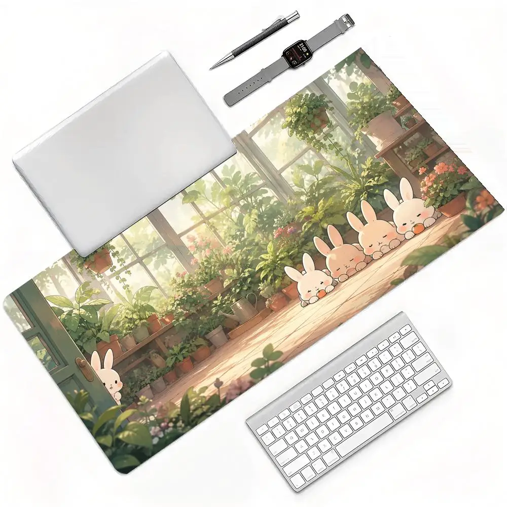 Kawaii Rabbits Eating Carrot Green Plant Flower Pot Pastel Window Scene Large Gaming Mouse Pad Wear Resistant Desktop Pad