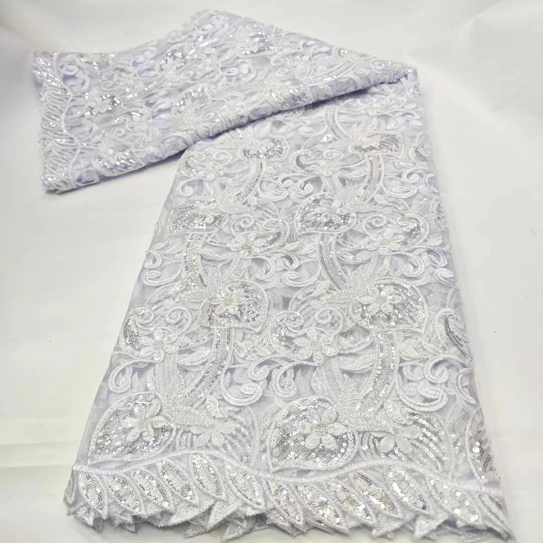 

Latest White Sequins African Cord Lace Fabric 2024 High Quality Sequins Embroidery French Nigeria Lace Fabric For Party KHD24126