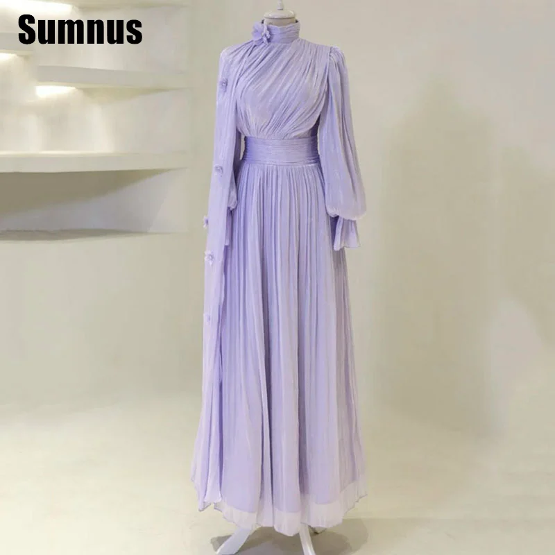 

Sumnus Elegant Purple Straight Prom Dress High Neck Long Sleeves Floor Length Evening Dresses فساتين سهرة Customized