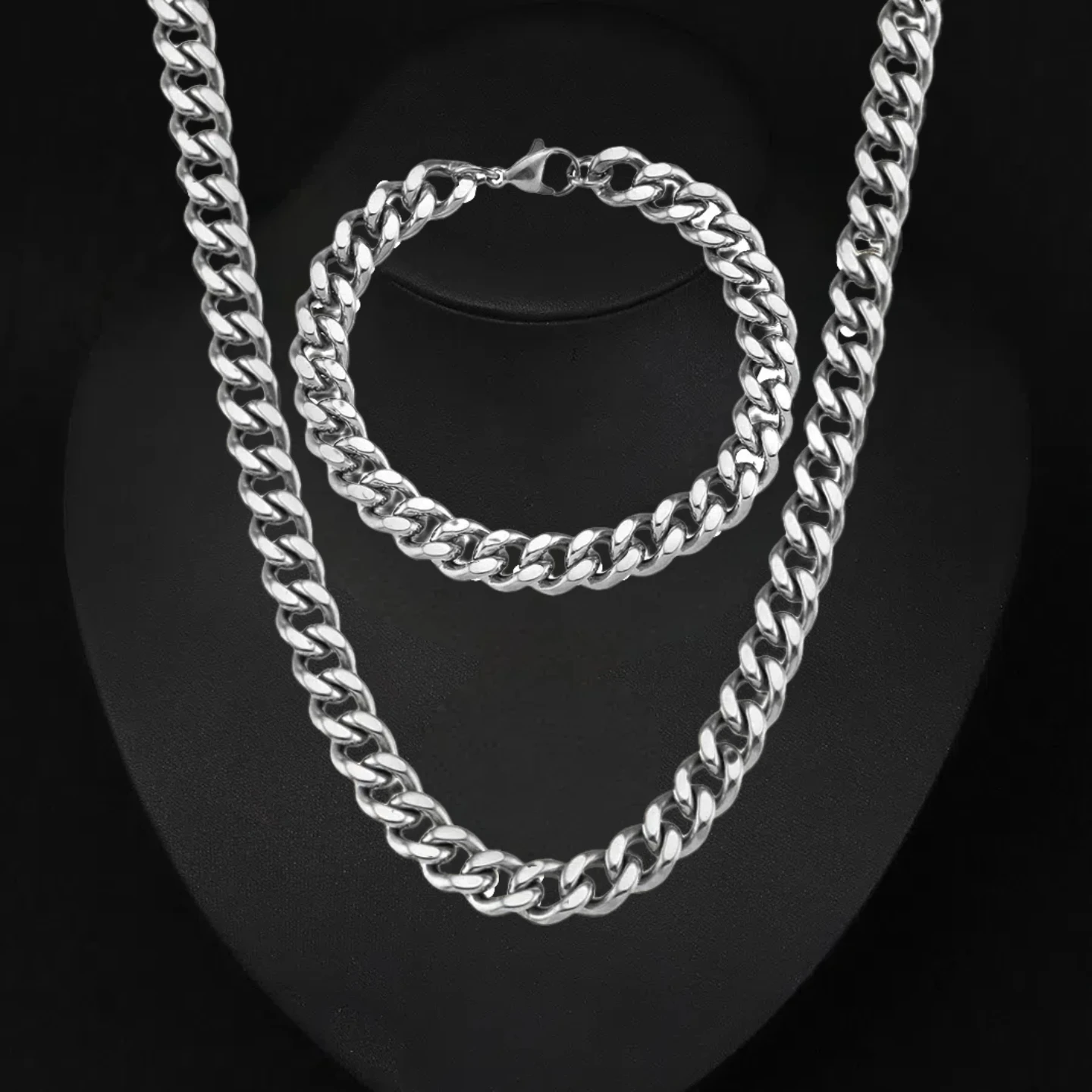 

Punk 9mm Curb Cuban Link Chain Bracelets Necklace Thick Male Silver Color Stainless Steel Chain Set for Men Fashion Jewelry Sets
