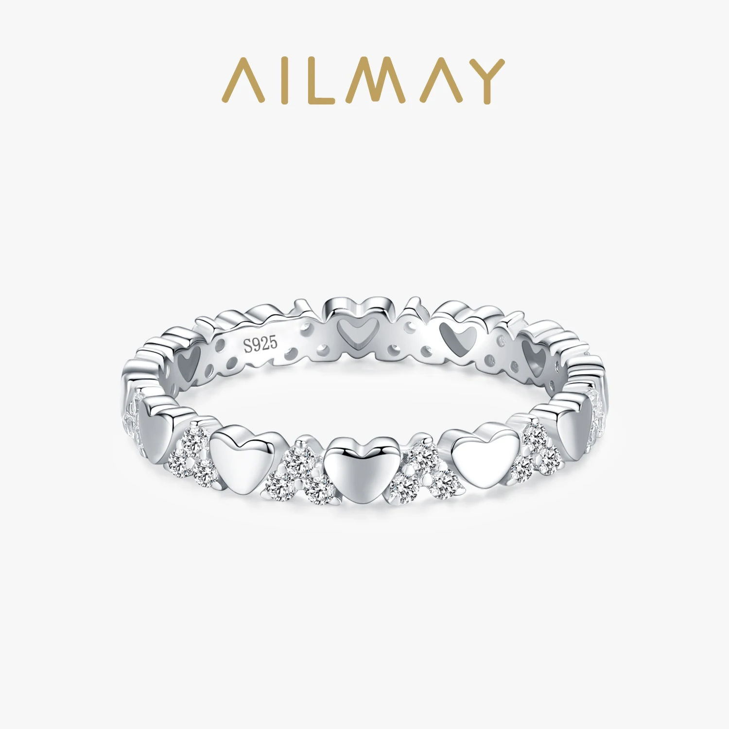 Ailmay Top Quality Real 925 Sterling Silver Exquisite Luxury Heart Stackable Finger Rings  For Women Wedding Engagement Jewelry