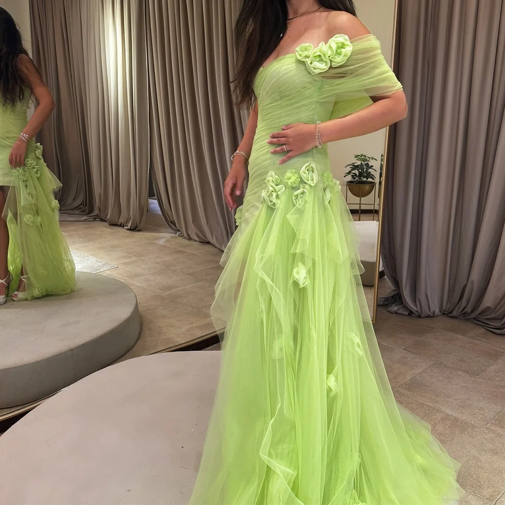 

Customized Exquisite Tulle A-Line One Shoulder Flowers Evening Dresses Strapless Half Sleeves Zipper Back Panel Train Classic