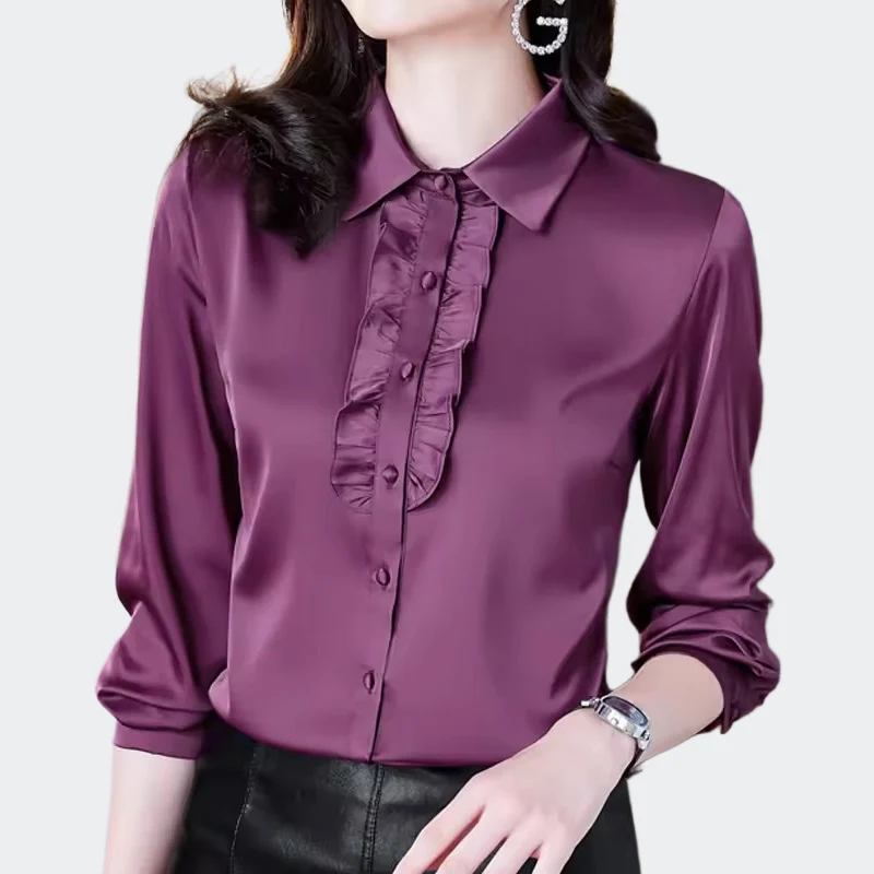 2025 Donna Primavera Autunno Stile Camicette e camicie in raso Elegante Office Lady Manica lunga Ruffles Top Abbigliamento casual Femme