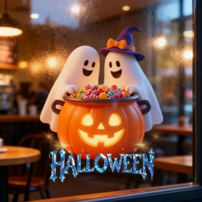 Adorable Ghost and Pumpkin Static Cling Window Stickers for Halloween Decoration Party Scene Shop Display Glass Decor
