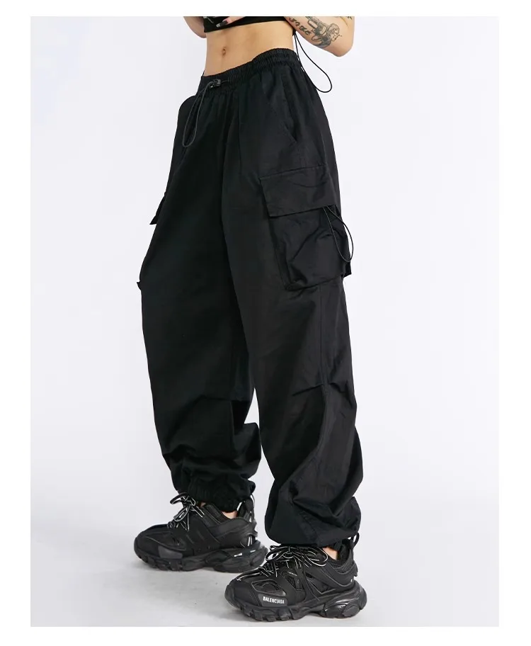 1 Stück Damen-Cargohose | Amerikanischer High-Street-Streetwear-Stil | Kordelzug, hohe Taille, lockere Passform, gerades Bein, weites Bein – Detail 9