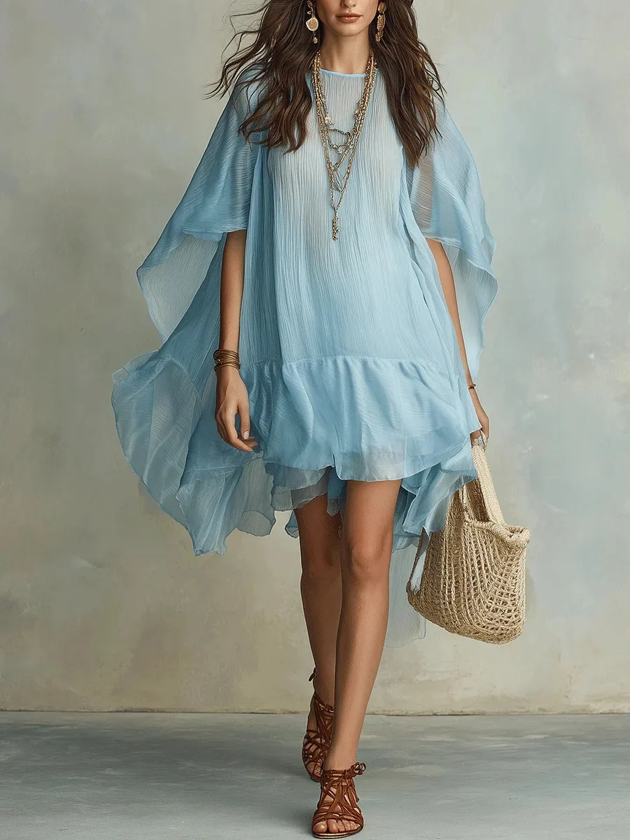 

Elegant Solid Color Dress O Neck Loose Ruffled Asymmetrical Hem Flare Sleeve Dress Fashion Casual 2026 Summer Holiday Dresses