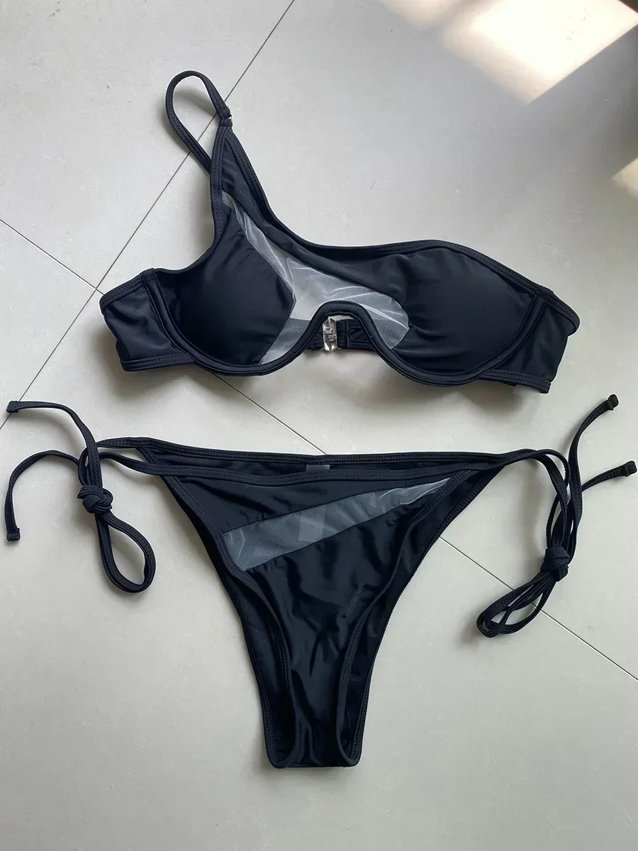 Łączenie siatki jedno ramię fiszbiny v-bar Bikini kobiety kostium kąpielowy damski stroje kąpielowe Bikini dwuczęściowe Push Up kostium kąpielowy pływać
