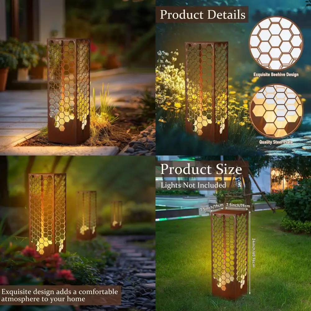 

24-дюймовая сотовая садовая колонна из ржавчины и стали, уличная скульптура для двора, металлическая патио, пейзажный декор, художественная колонна улья