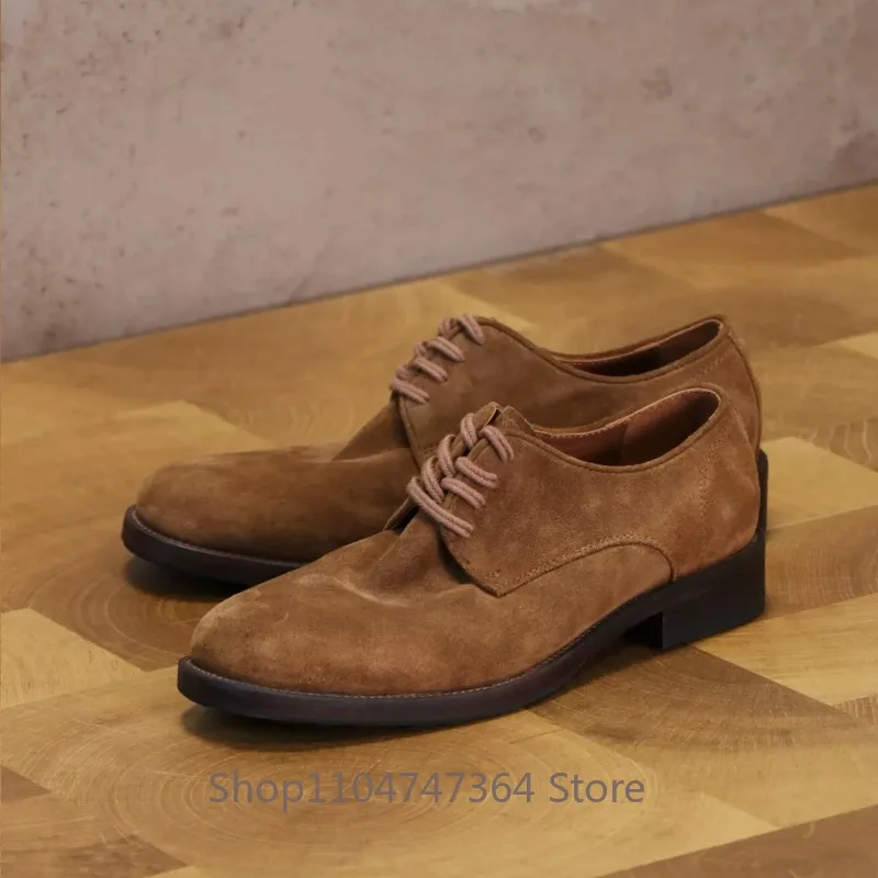 Retro Washed Suede Leather Derby Shoes Men's Cowhide Round Toe  Low Top Business Casual Work Wedding Shoes Male Genuine Leather