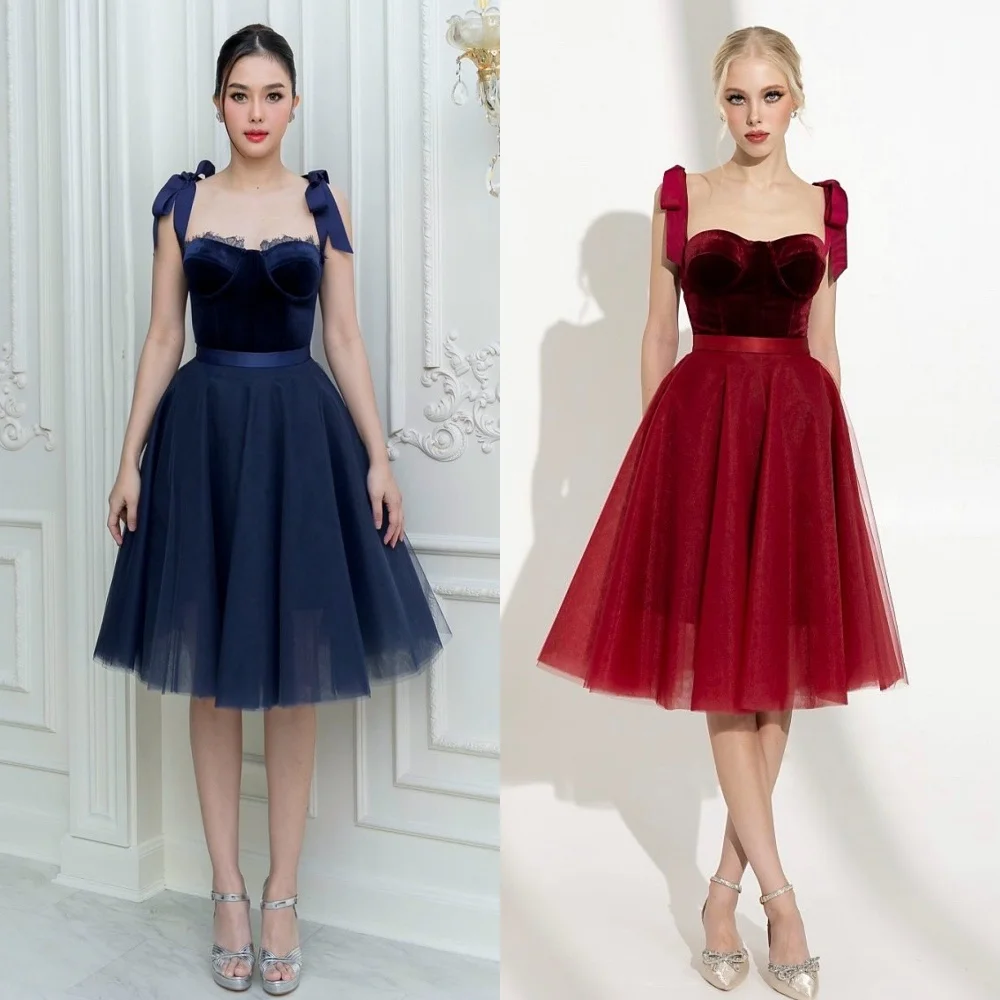 

Customized High Quality Classic Tulle Draped Bow A-line Spaghetti strap Knee Length Dresses Bespoke Occasion Dresses Fashion