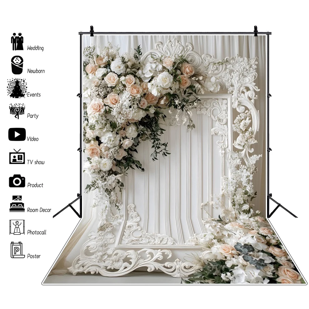 Valentine's Day Photography Backdrop White Rose Flower Chic Wall Bridal Shower Wedding Anniversary Party Background Decoration