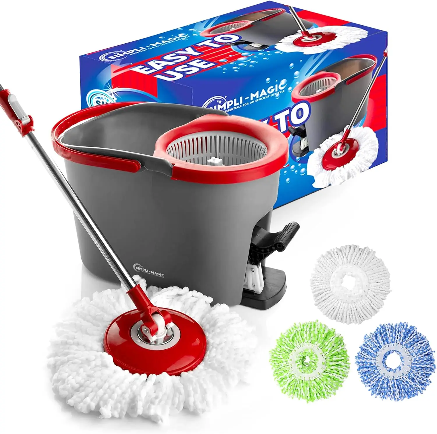 

Spin Mop Cleaning System with 3 Washable Microfiber Heads, Red/Gray and Red/Black Options