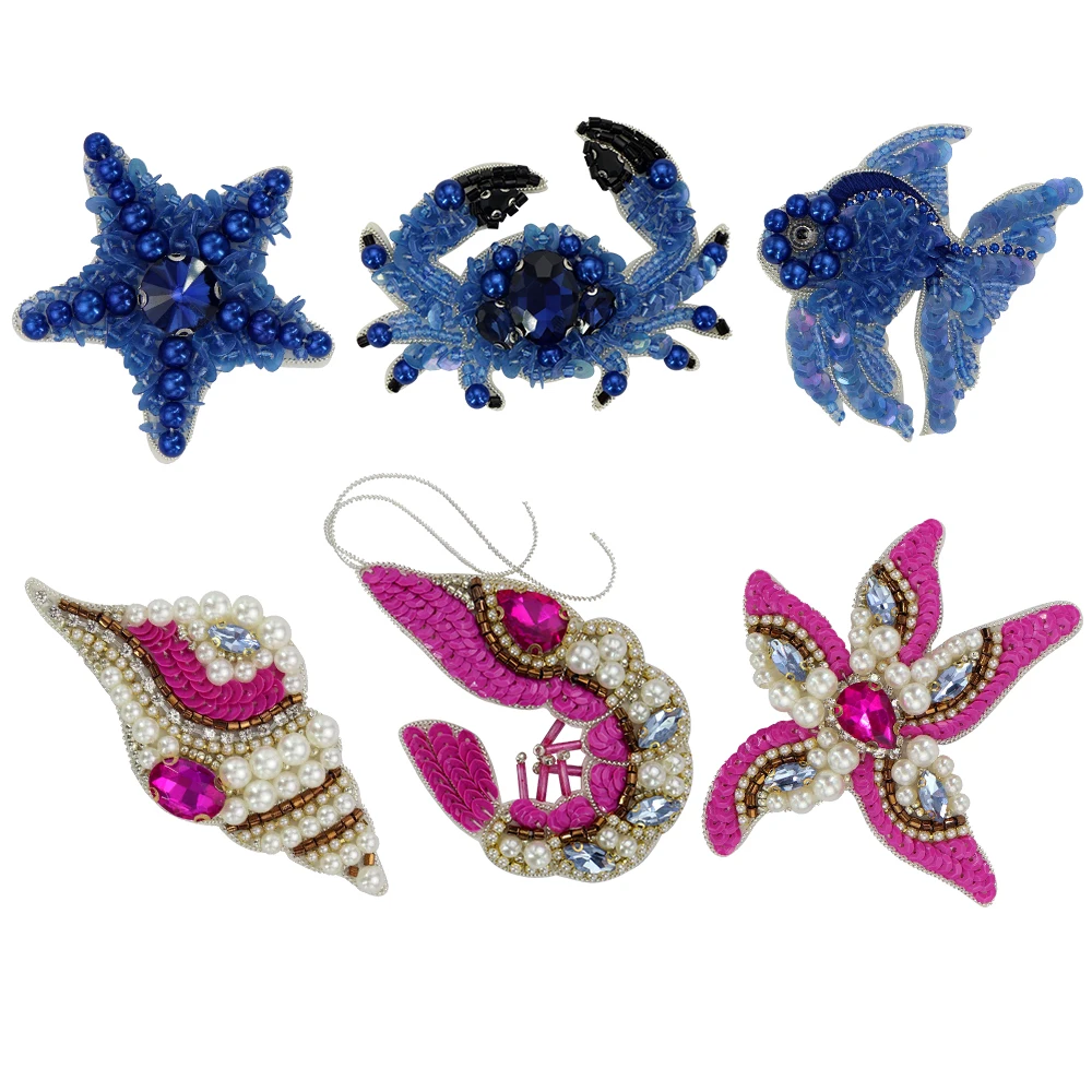 Ocean Animals Beaded Rhinestone Patches Crab Fish Shrimp Starfish Conch Sew On Appliques Sequins Bead Applique Patches 2pieces