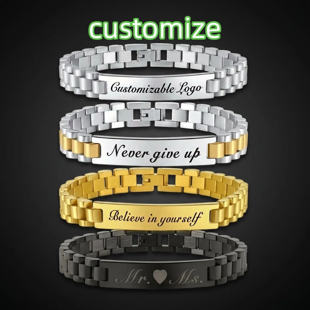

Men custom bracelet Personalized stainless steel bracelets dad papa Father's day gift Engraved Name ID logo text man's birthday