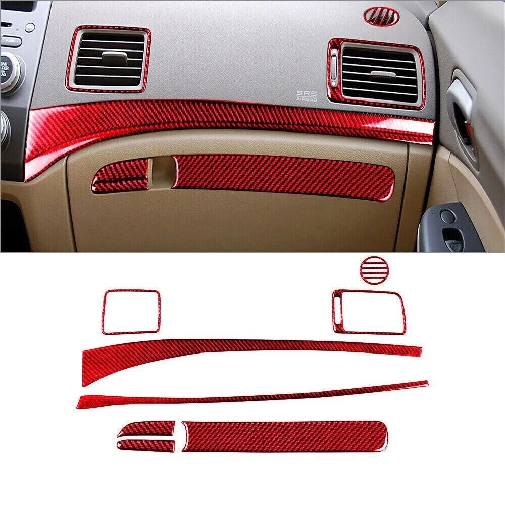 For Honda Civic 8th 2006 2007 2008 2009 2010 2011 Red Carbon Fiber Dashboard Window Lift Interior Full Set Cover Trim Sticker