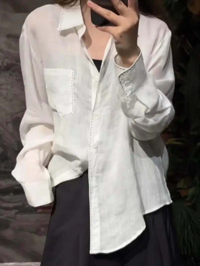 

Loose Long Sve Linen Women's irt Sun Protection Spring Commute Simple Sle White Casual Faion Top Collar Open Ca...