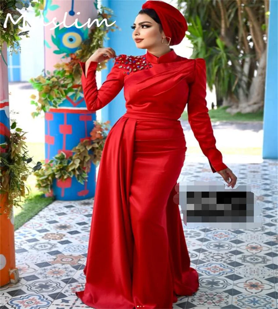 Middle East Red Muslim Evening Dress Elegant Mermaid Long Sleeve Arabic Prom Dresses With Train Formal Party Gown Customized