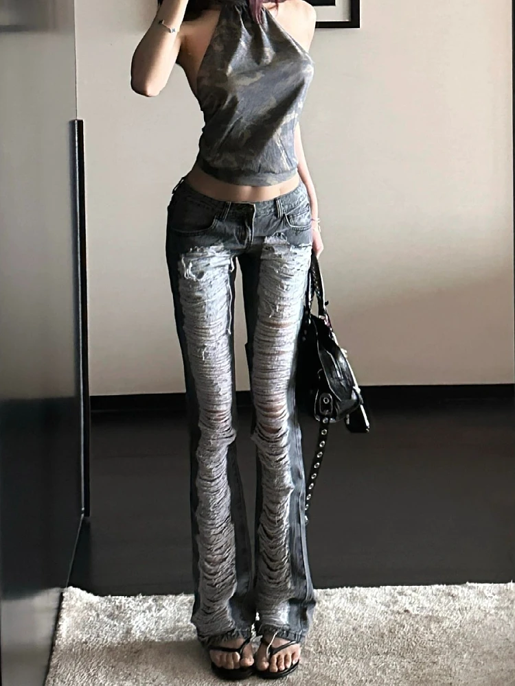 جينز نسائي بخصر منخفض ومقاس كبير، تصميم عصري مع ثقوب، بنطلون طويل نحيف بأسلوب Y2K وتصميم ريترو