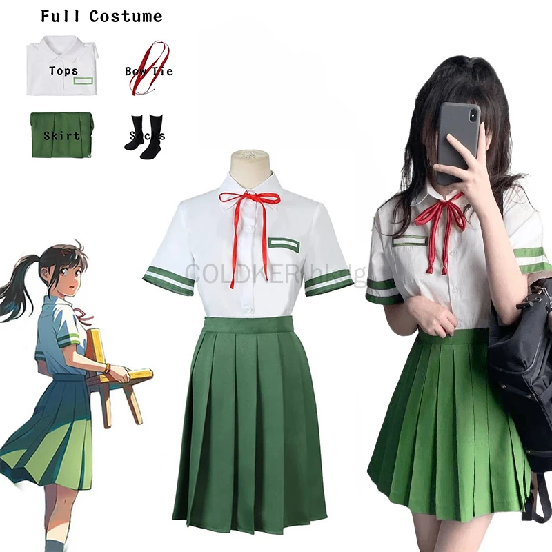 Halloween Party Anime Iwado Suzume Women Green Student JK School Uniform Cosplay Costume Shirt Skirt Bow Tie 3-Piece Set