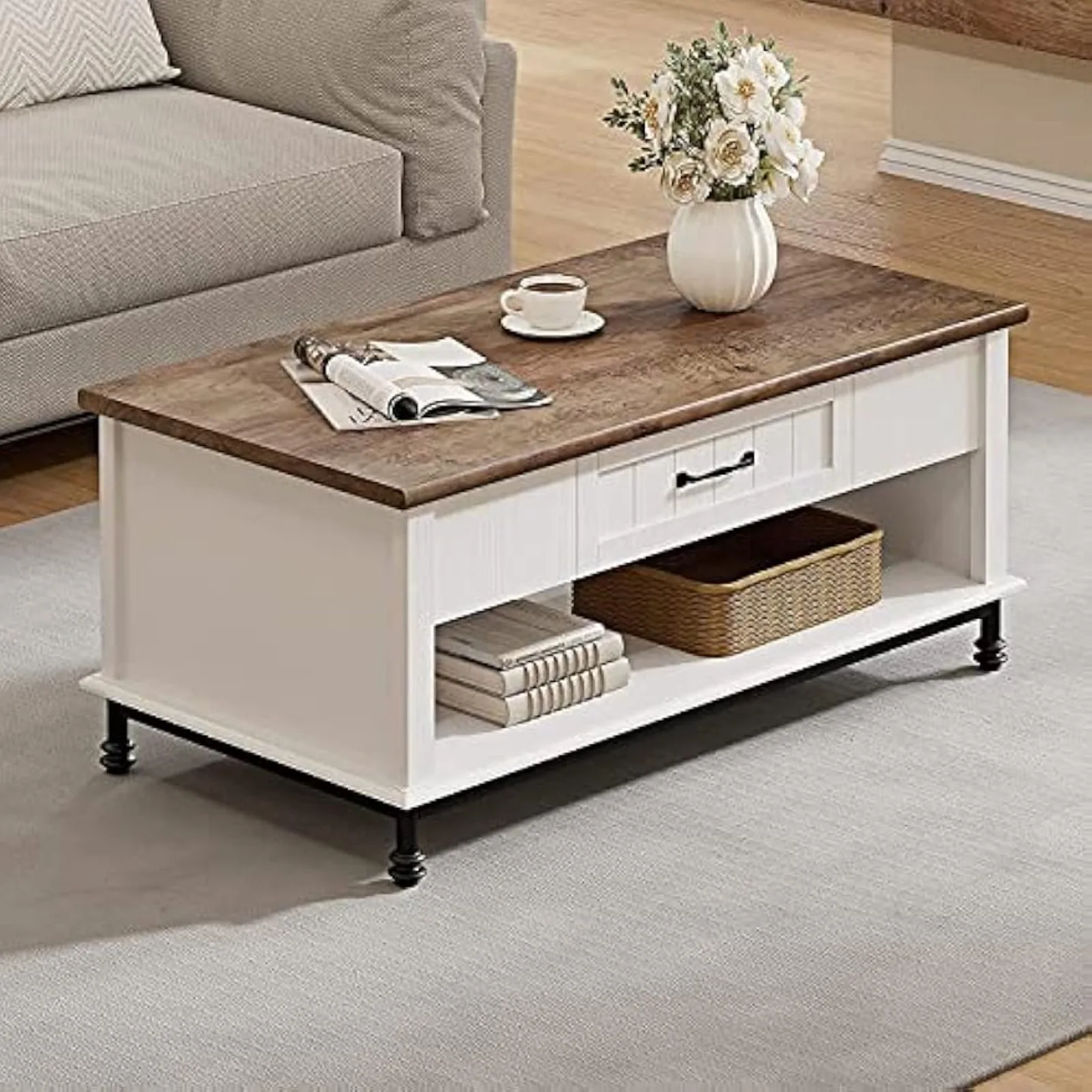 

US White Coffee Table with Drawer, Rectangle Center Table with Open Storage Shelf for Living Room, Modern Coffee