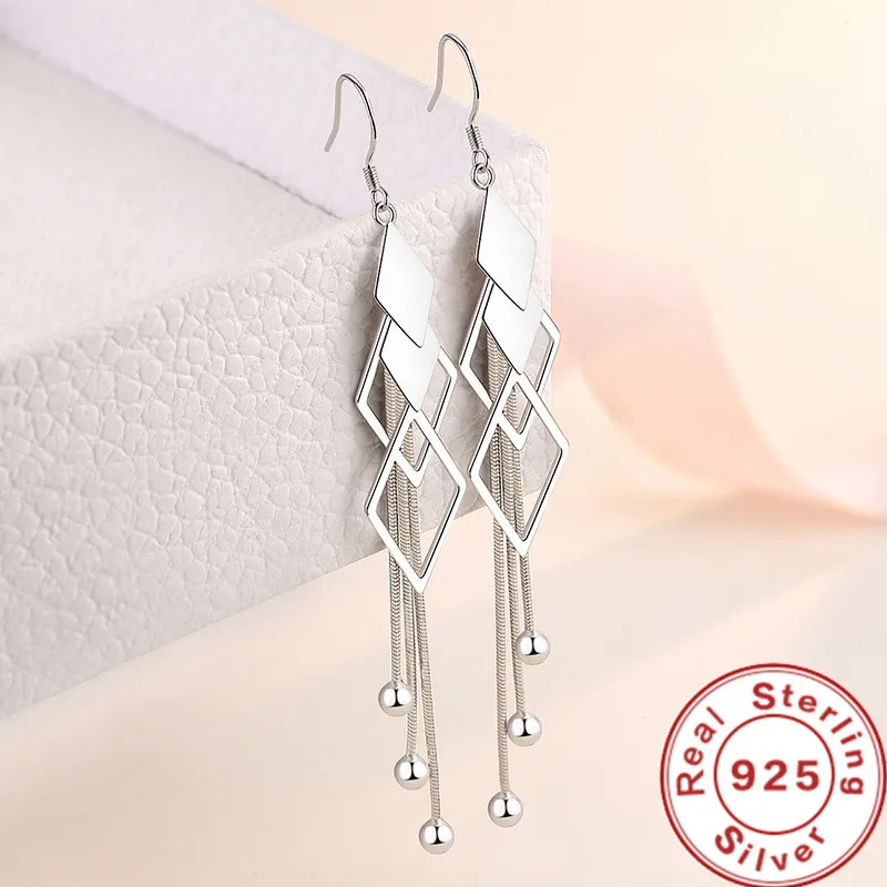 Moda 925 Sterling Silver Długie kolczyki w kształcie diamentu Geometryczne kolczyki dla kobiet Biżuteria ślubna Urok Prezenty