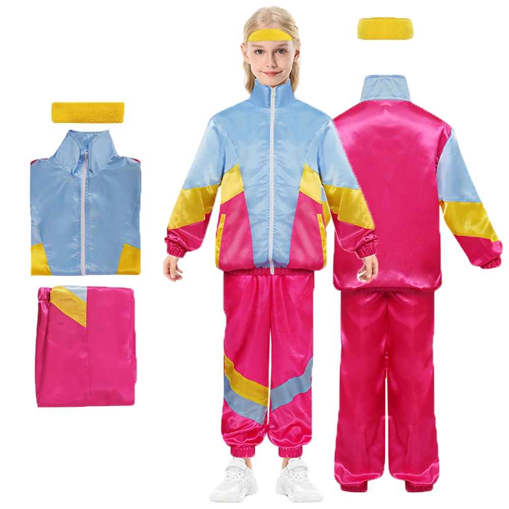 

Retro 80s Cosplay Costume Fantasy Jacket Coat Pants Headband Outfits For Kids Roleplay Halloween Carnival Party Suit Tracksuit