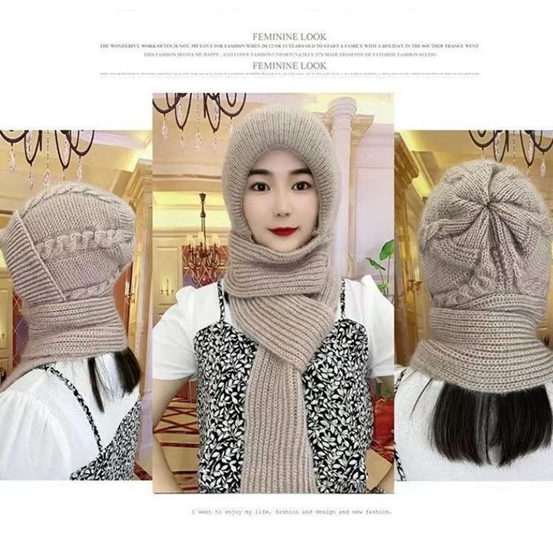 Hat Scarf All-in-one Female Winter Warm Rabbit Hair Ear Padded Cute Knitted Neck Protection Cold-proof Cycling Cap