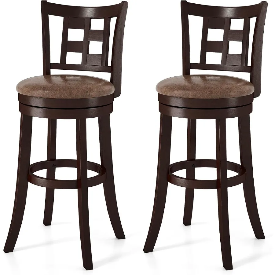 

Set of 2 Bar Stools 30 Swivel Bar Chairs with Footrest Rubber Wood Frame and Lattice Backrest Leathaire Bar Height Stools for K