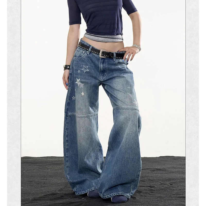 Women Vintage Star‑Print Wide‑Leg Jeans Girls Low‑Rise Baddie‑Style Fashion Loose Casual Straight‑Cut Long Trousers