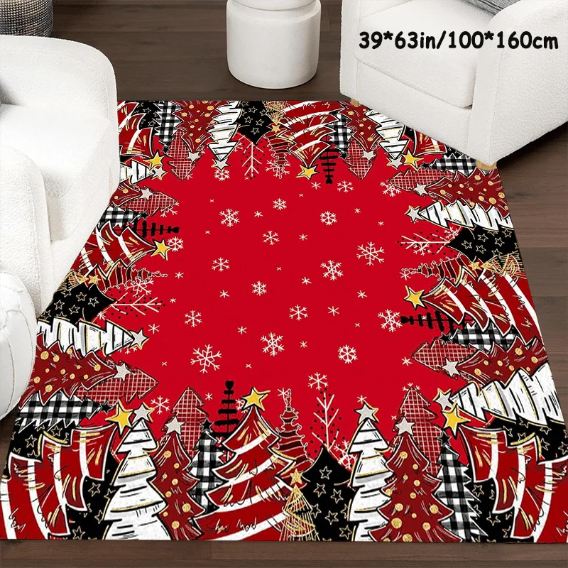 1pc 2D Flat Large Christmas Area Rug, Red Background with Plaid Christmas Tree & Snowflake Pattern, Machine Washable