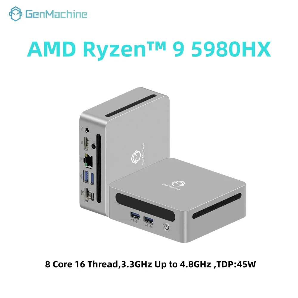 GenMachine Mini PC Computer da gioco AMD Ryzen 9 5980HX 8 Core 16 Filettatura 4.8GHz 45W Dual HDMI LAN WIFI6 Office DDR4 NVMe Computer