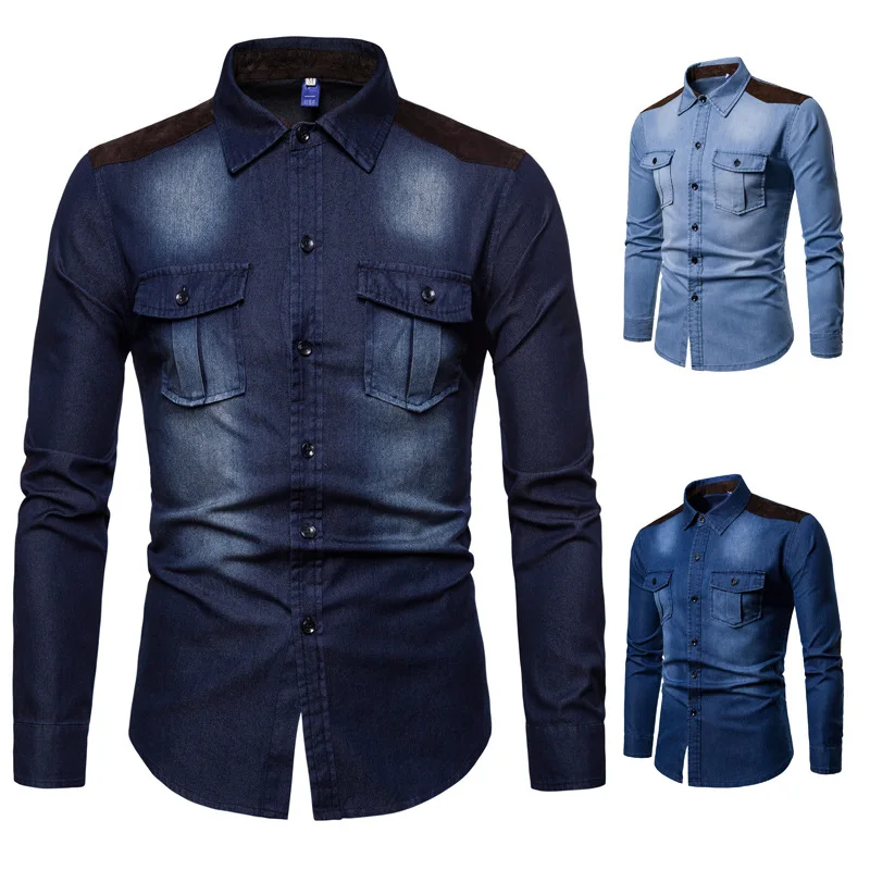 2023 Autumn New Men's Suede Color Block Washed Denim Long Sleeved Shirts Casual Shirts Wholesale Trend for Foreign Trade