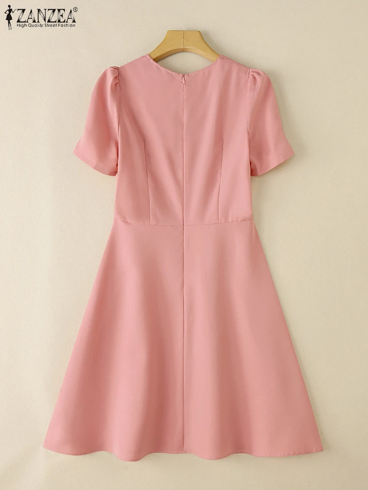 2025 우아한 V넥 반팔 오피스 드레스 ZANZEA 여성 여름 워크 OL 드레스 스타일리쉬 A라인 파티 미디 베스티도 여성 의류