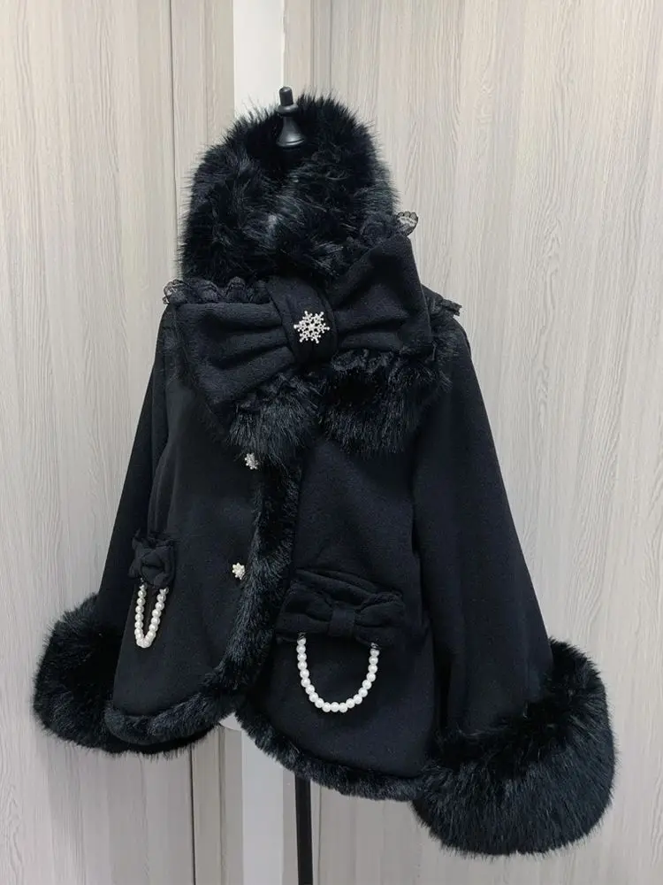 

Winter Elegant Bow Black Lace Shawl Overcoat Women Fashion Design Lint Collar Cape Coat Female Hepburn Chic Vintage Outfits New