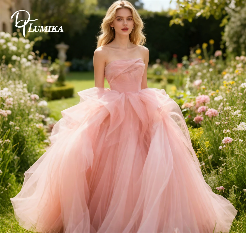

DTLumika Romantic Pink Tulle Maxi Dress, 2026 New Released Ball Gown Strapless Party Prom Gowns High End Customized