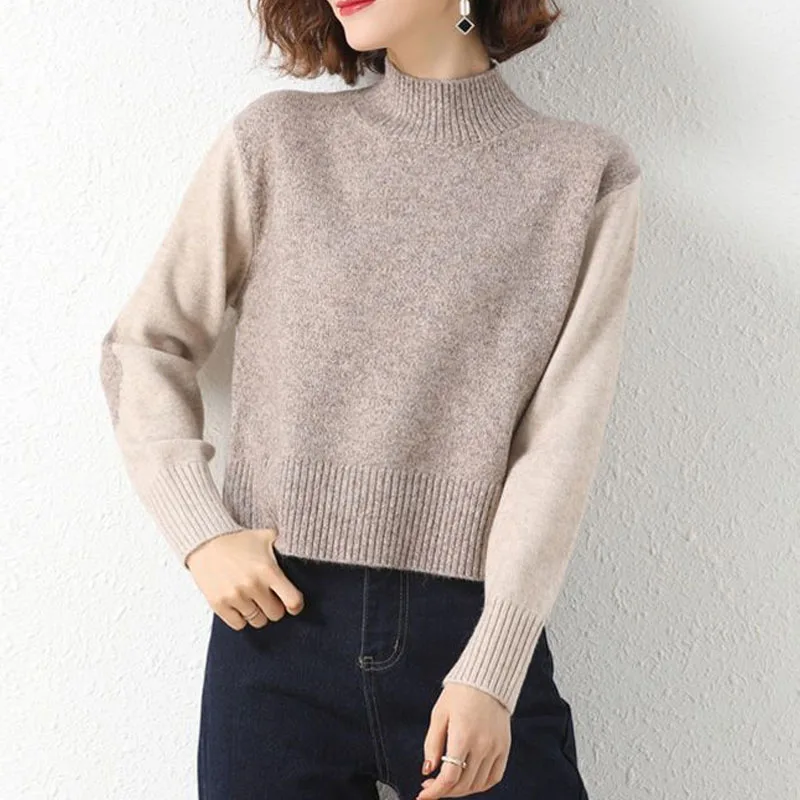 New Autumn and Winter Fashion High Waist Short Half High Neck Colored Loose Versatile Foreigner Long Sleeve Knitted Sweater