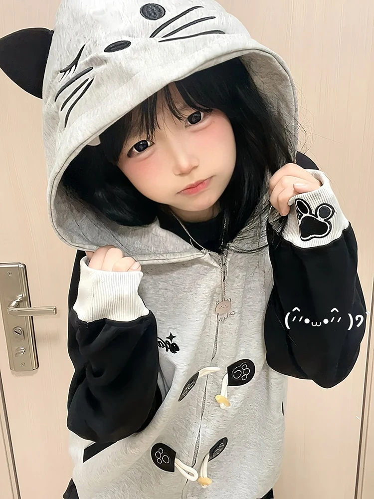 

Preppy Style Letter Embroidery Hoodies Women Casual Grunge Cat's Ears Hooded Y2k Aesthetic Contrast Color Patchwork Sweatshirts