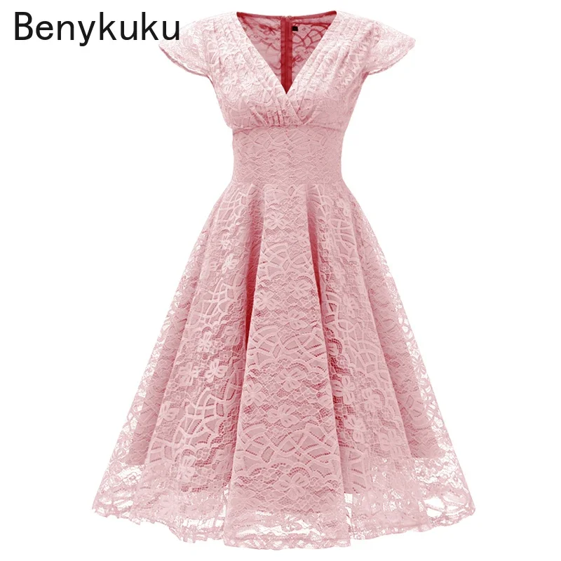 

Pink Red Elegant Bridesmaid's Gown Women Vintage Robe Lace Dress Retro V Neck Ladies Party Gowns Formal Dress Vestido De Mujer