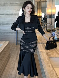 Spring Elegant 2 Pieces Set for Women 2023 Satin Lace Patchwork Black Single Button Short Jackets Slip Strap Mermaid Long Dress