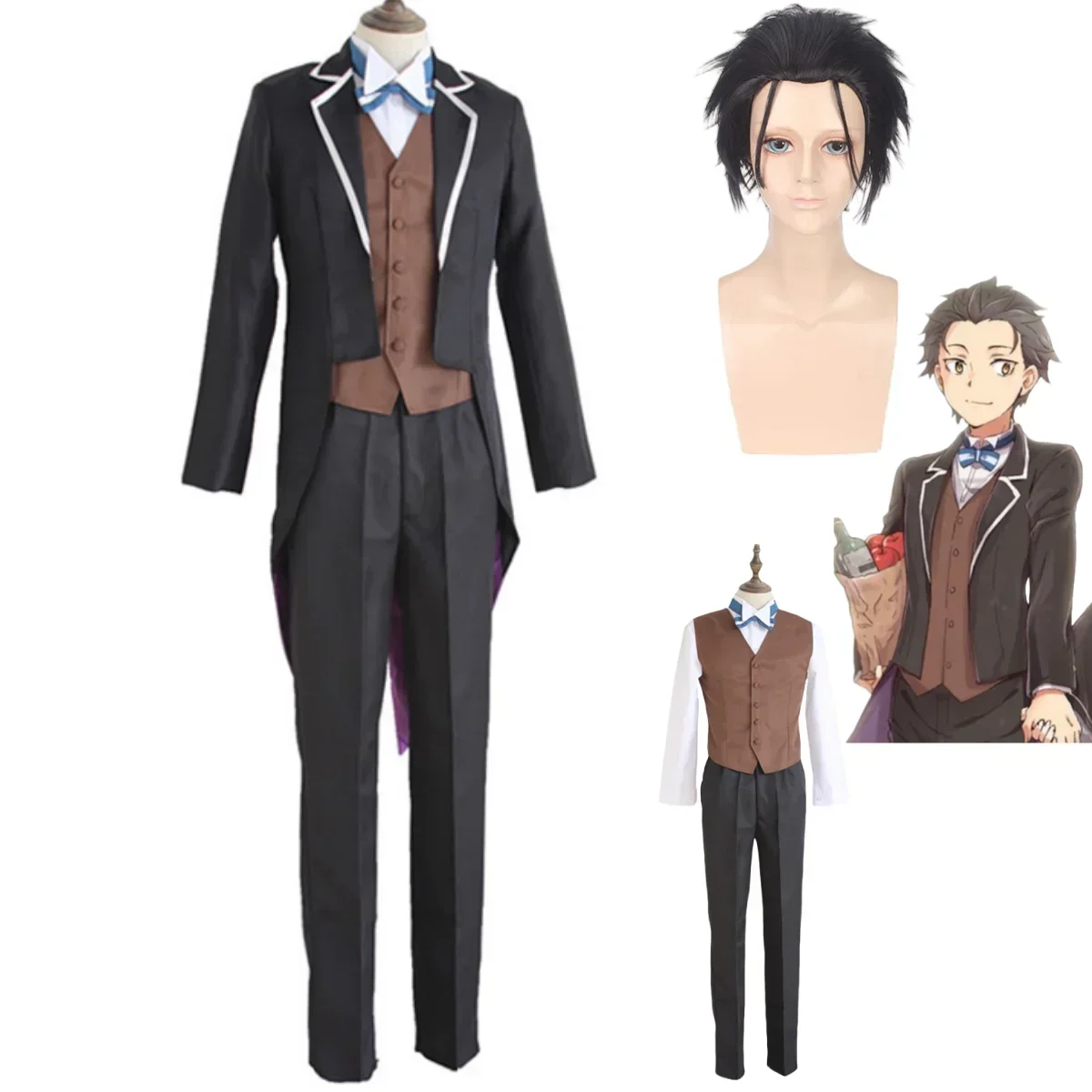 Anime Re:Life in A Different World From Zero Natsuki Subaru Cosplay Costume Wig Tailcoat Jacket Uniform Shirt Man Halloween Suit