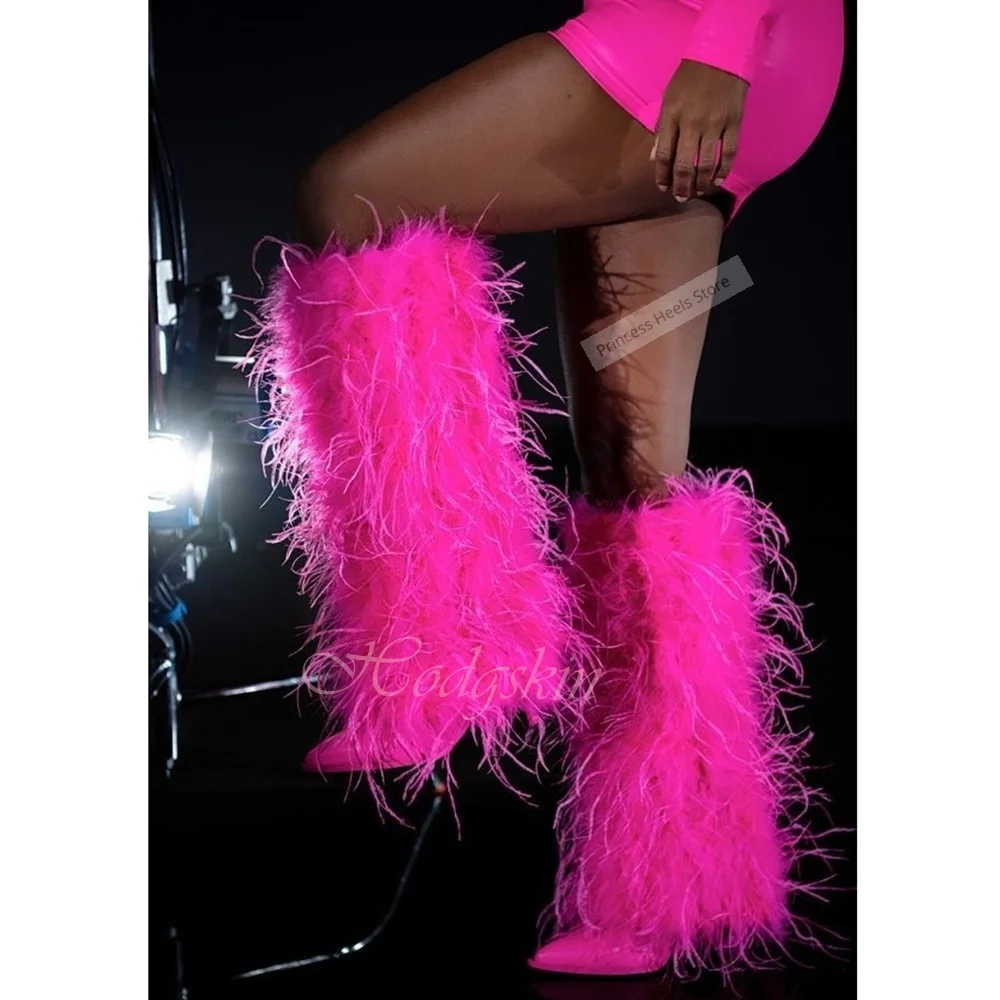 

Сексуальные сапоги с меховым пером, блестящие кожаные сапоги до колена с острым носком, женская обувь нового стиля, слипоны на тонком высоком каблуке, однотонная зимняя вечеринка