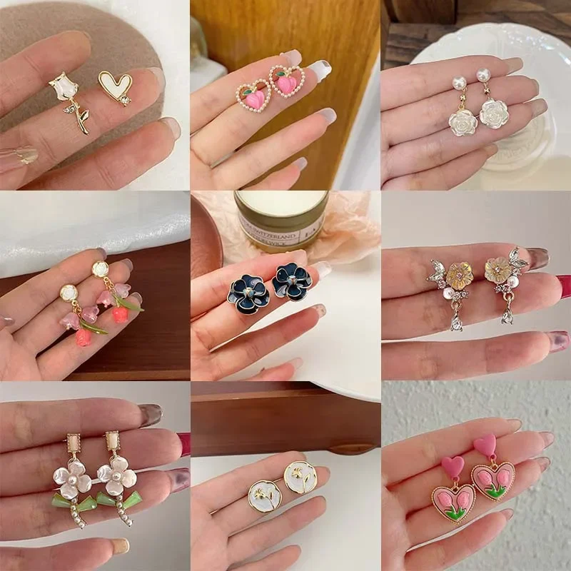 Pendientes de Clip con forma de corazón para mujer, pendientes sin Piercing, flor de perla, melocotón, tulipanes rosas, temperamento, venta al por mayor