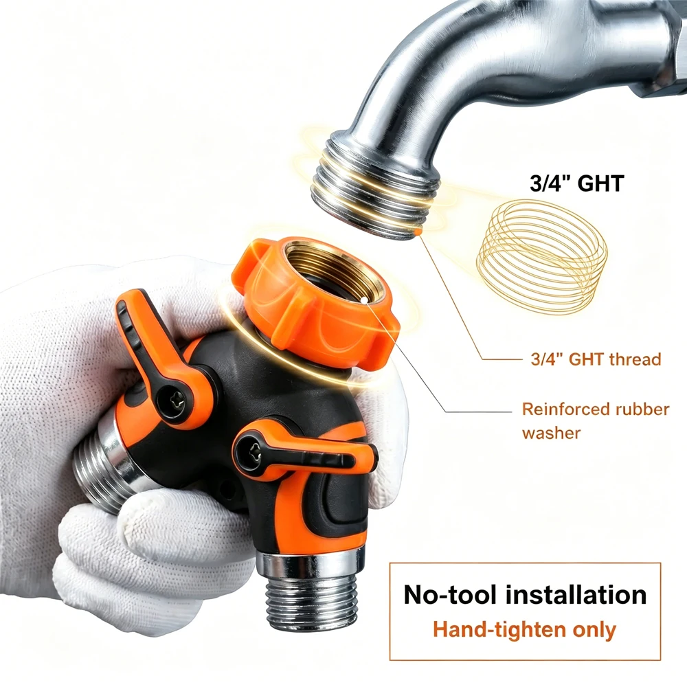 Heavy Duty Metal Garden Hose Splitter 2 Way Y Connector with Independent Shut Off Valves, 3/4